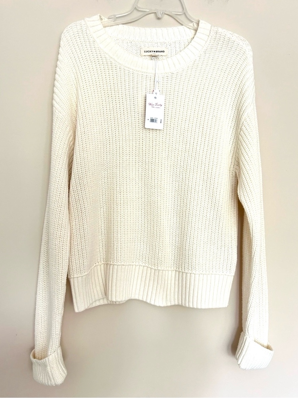 NEW Lucky Brand Women’s White Cream Ribbed Crewneck Sweater
